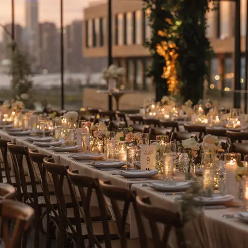 At 74 Wythe, long tables set with candles and greenery, the Midtown skyline beyond the windows at dusk.