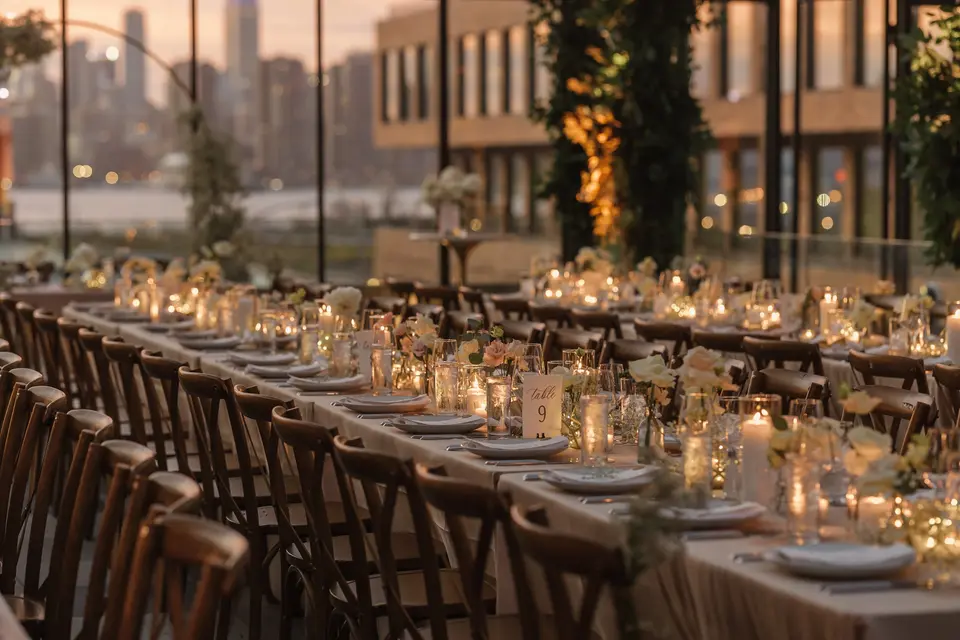 Long tables set with candles and greenery, the Midtown skyline beyond the windows at dusk.