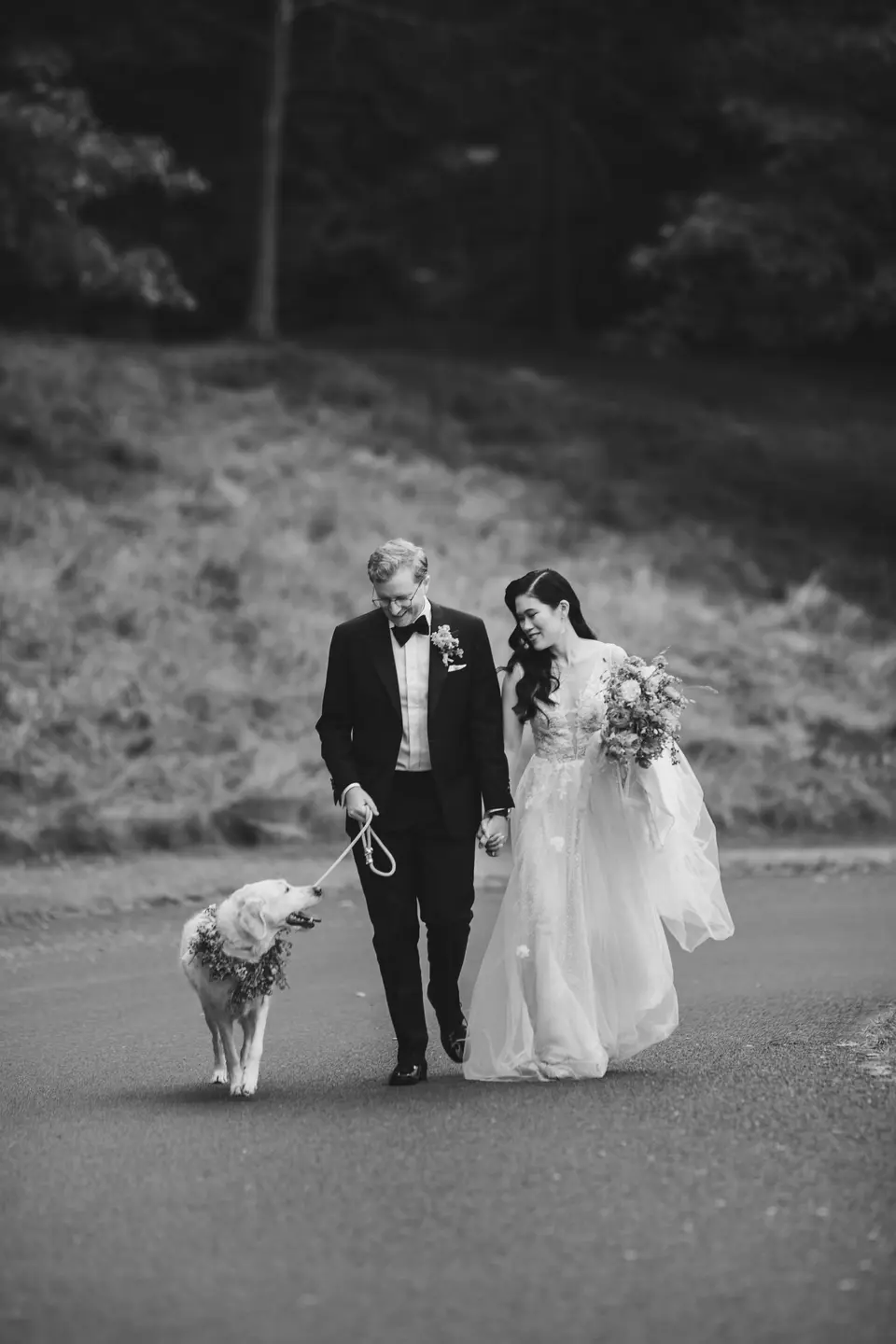 The bride and groom walk down a country lane with their dog on a lead. Black and white.