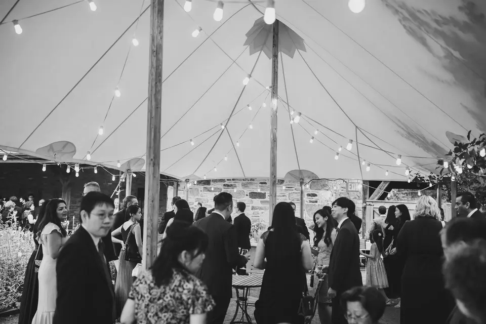 Guests gather beneath a sailcloth tent strung with lights. Black and white.