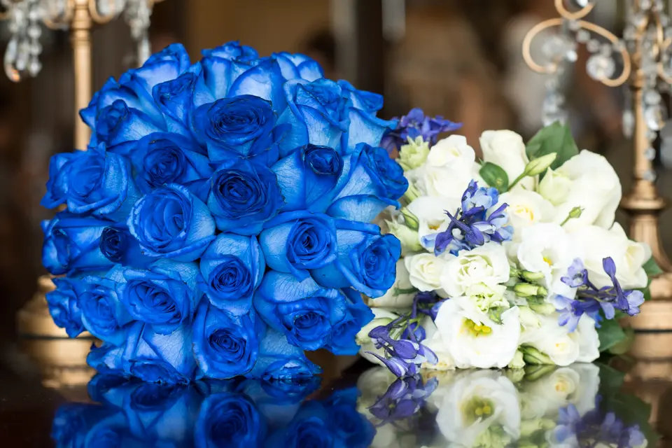 A round bouquet of deep blue roses beside a bouquet of white flowers.