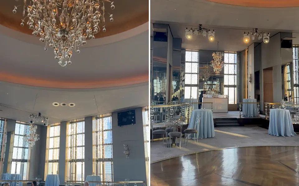 Two views of the Rainbow Room. On the left, a crystal chandelier hangs from the domed ceiling above tall windows. On the right, the mirrored wall, small chandeliers and the round parquet dance floor.