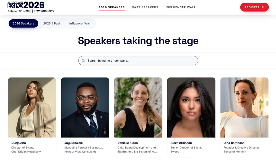 The 2026 speakers page of The Event Planner Expo, with Olha Barabash, Founder and Creative Director of Sense of Moment, among the speakers taking the stage.