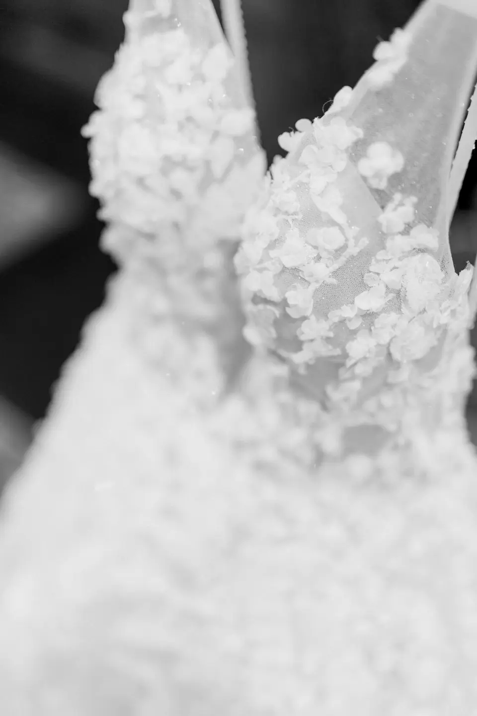 Close on the floral lace of the wedding gown. Black and white.